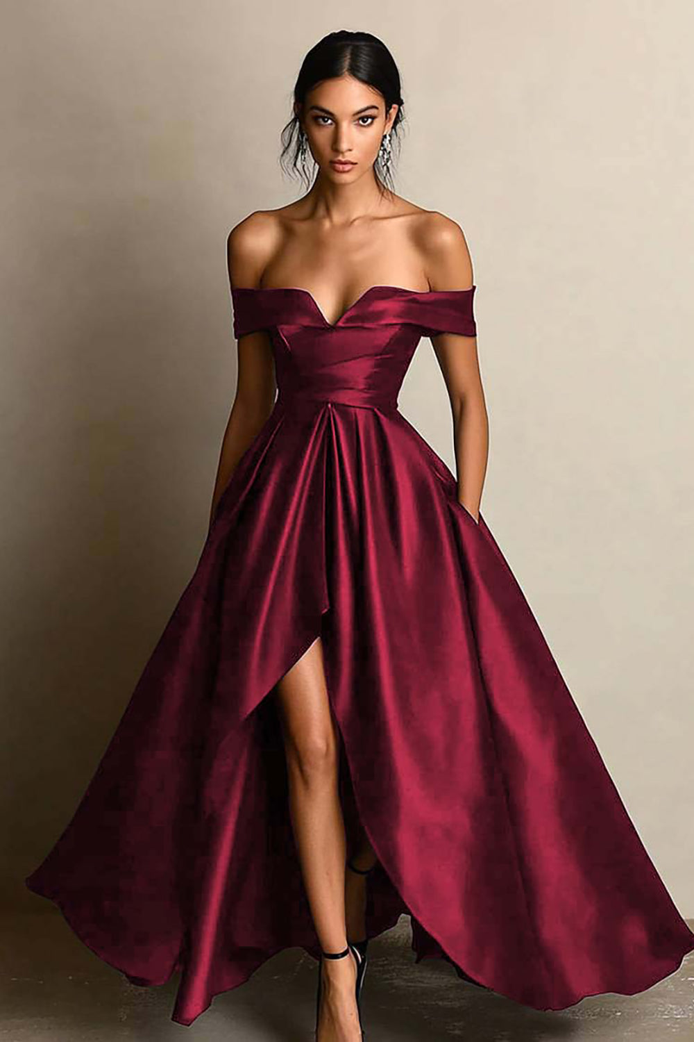 Black Satin A Line Off the Shoulder Long Formal Dress with Slit