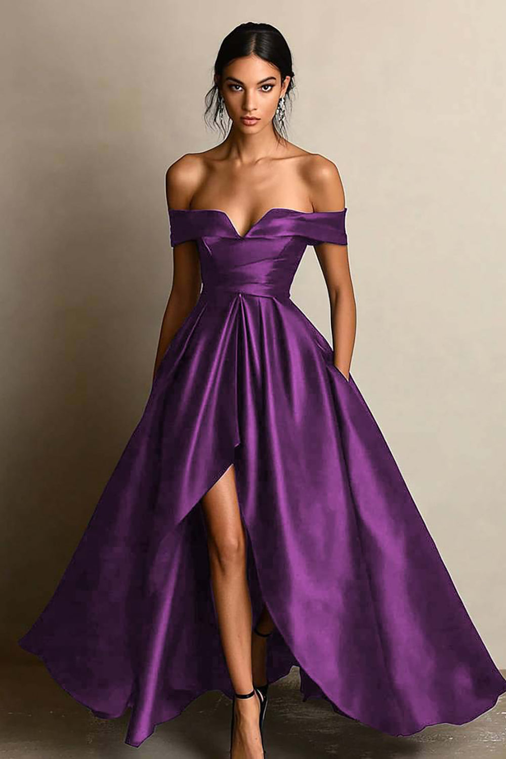 Black Satin A Line Off the Shoulder Long Formal Dress with Slit