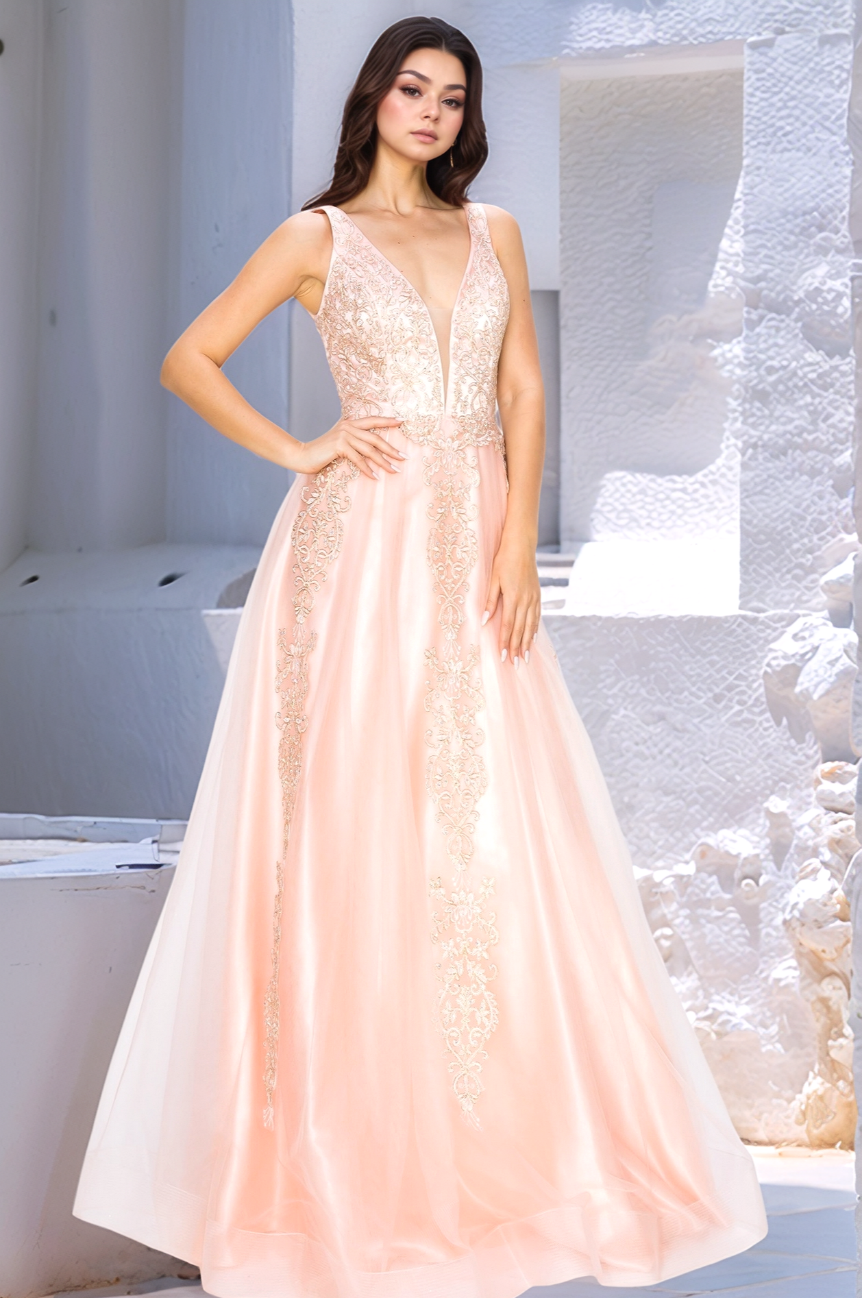 A-Line Gold-Embroidered Long Prom Ball Gown 8029J
