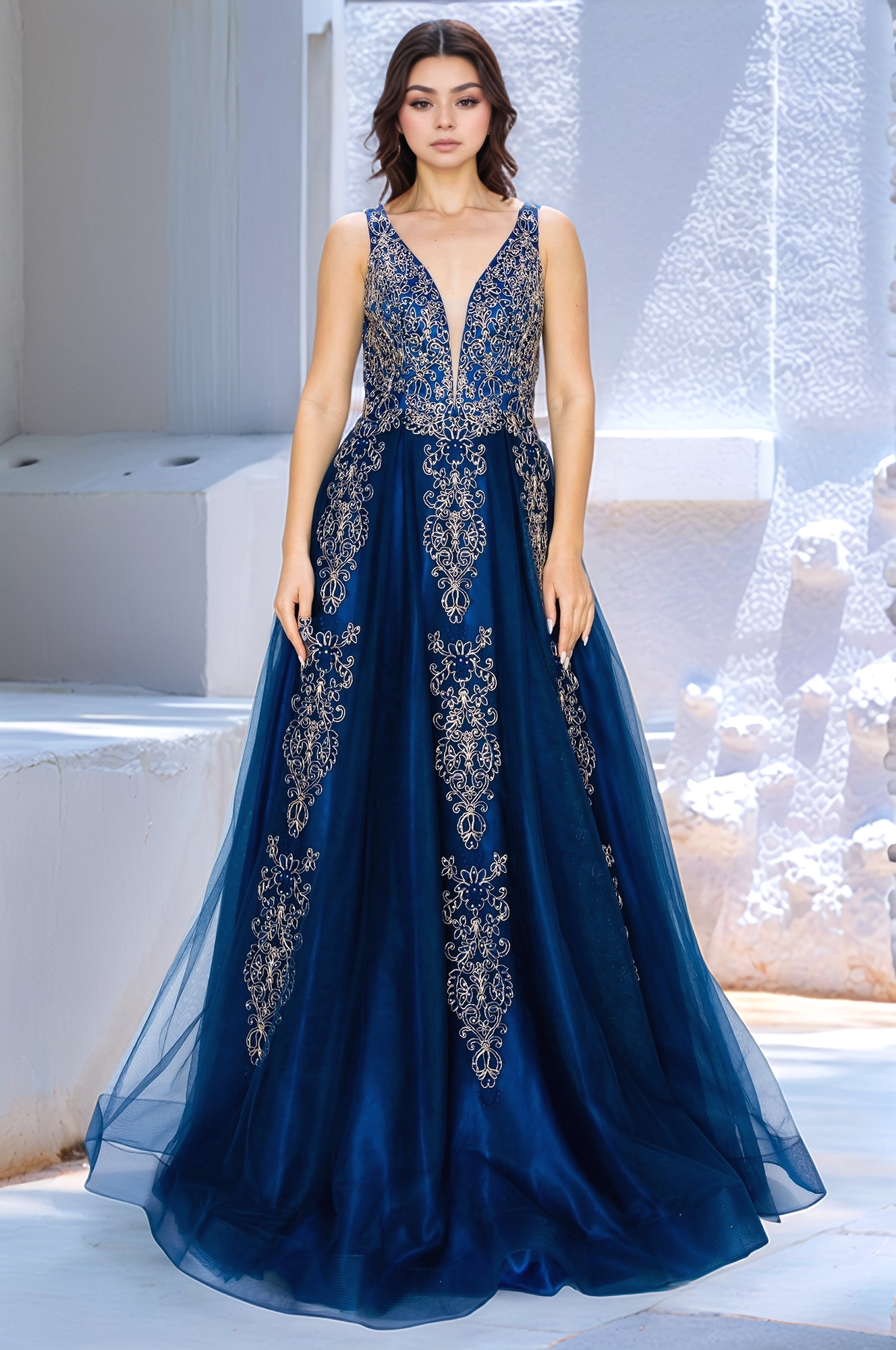 A-Line Gold-Embroidered Long Prom Ball Gown 8029J