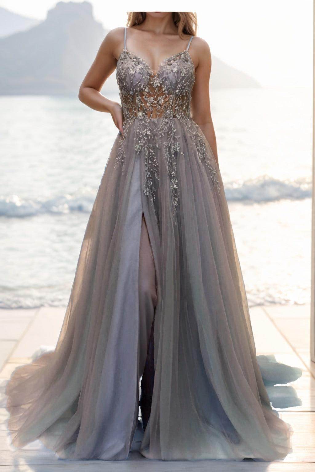 A-line Sweep-Brush Train Tulle Prom Dress CS0402