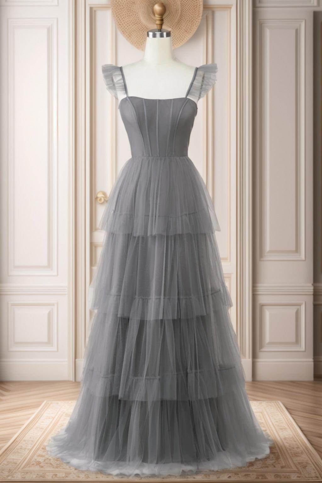 A-Line Sweep-Brush Train Tulle Prom Dress CS0471