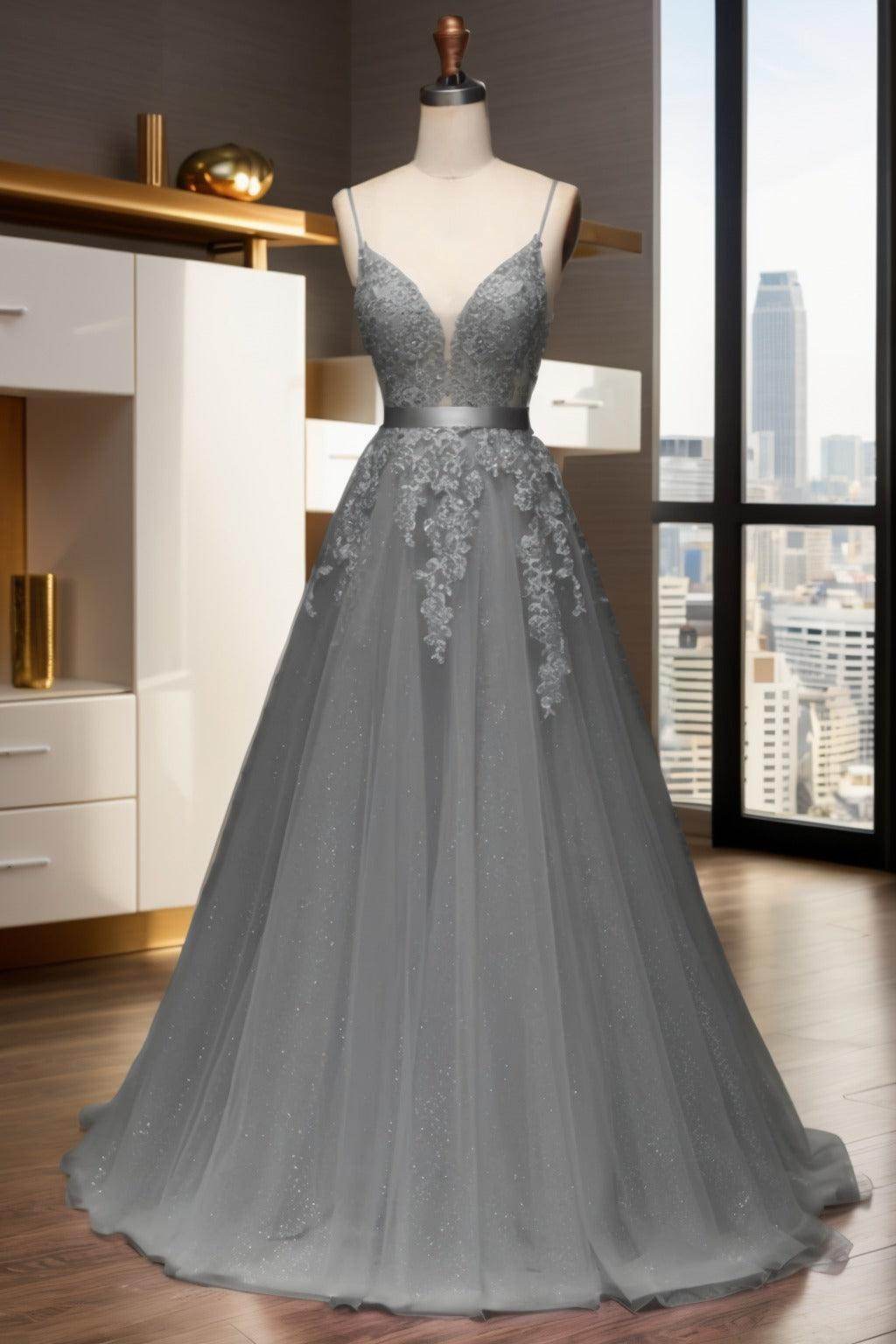 A-Line Sweep-Brush Train Tulle Prom Dress CS0464