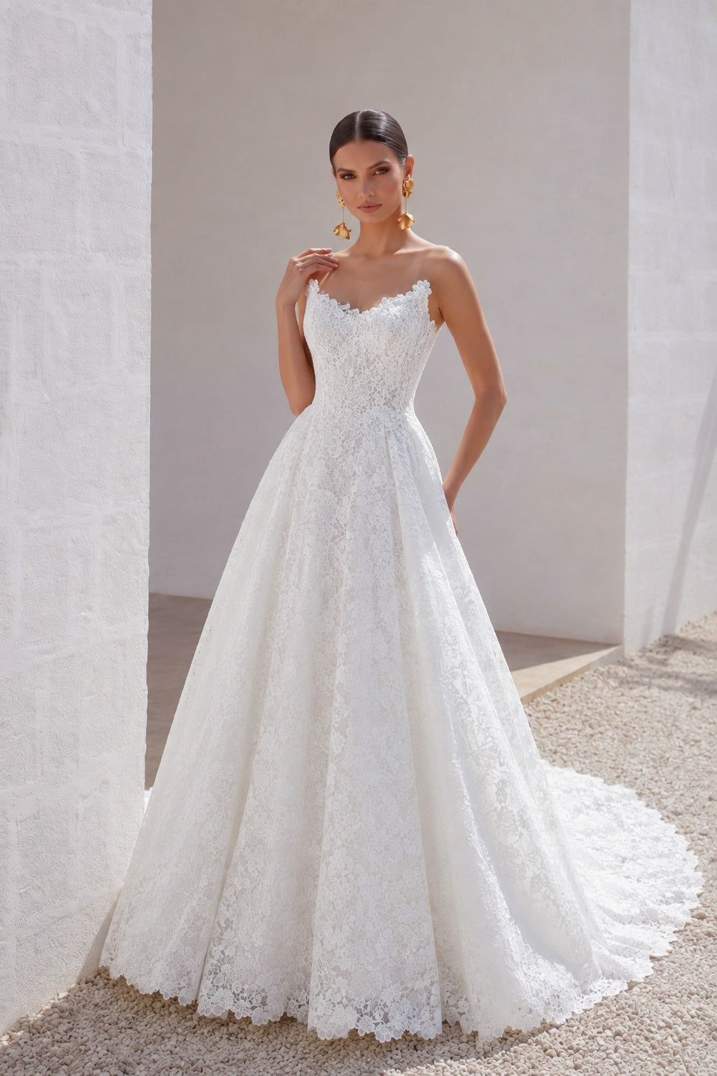 A-Line Sweep-Brush Train Lace Wedding Dress 828423890551