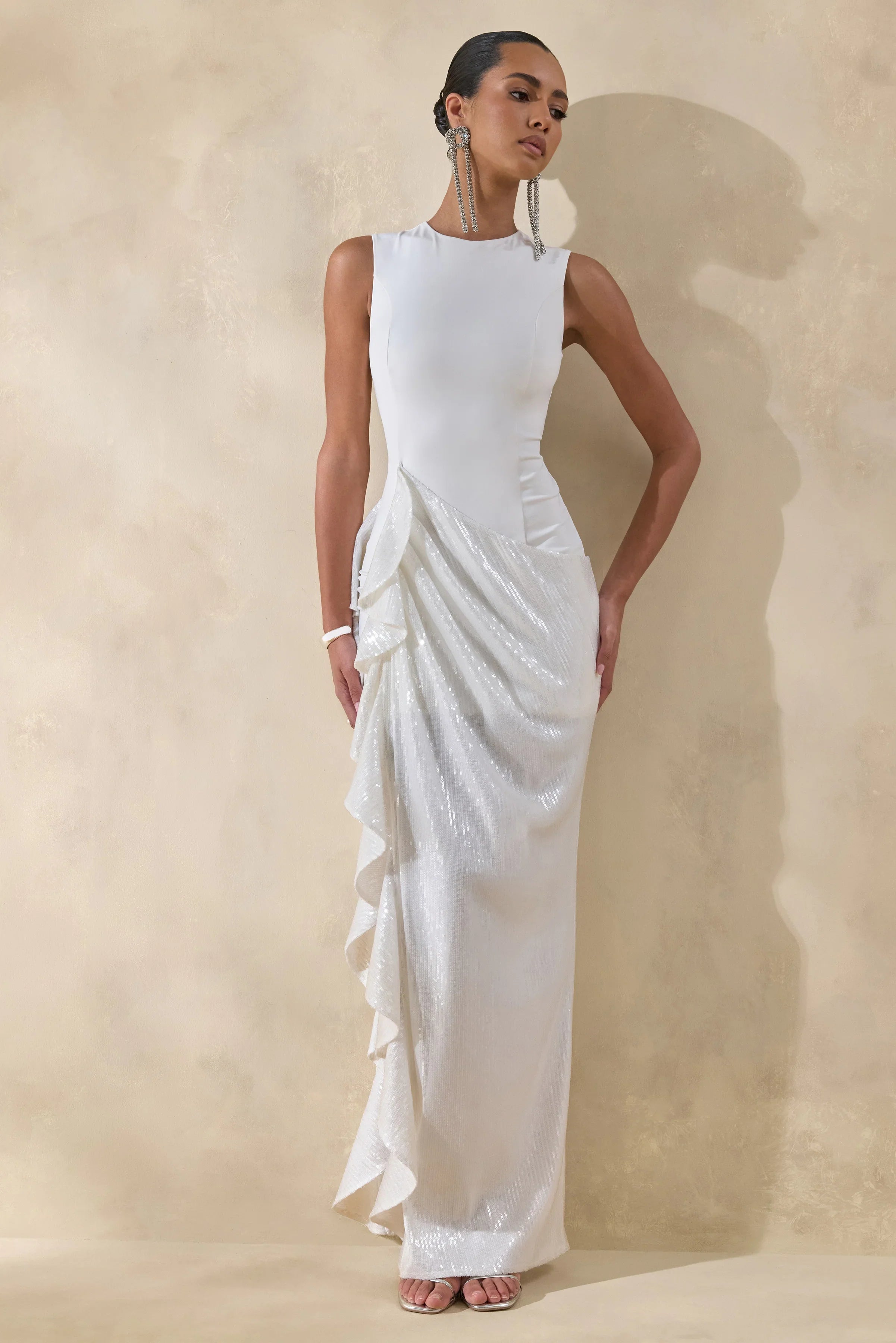 Ada | White Crew-Neck Maxi Dress With Sheer Skirt And Ruffled Detailing