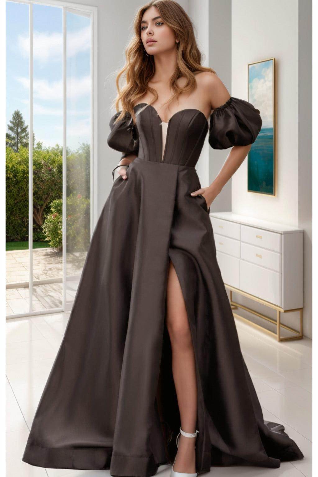 A-Line Sweep-Brush Train Satin Prom Dress CS0448
