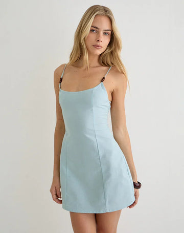 Ambra Scoop Mini Dress in Linen Steel Blue