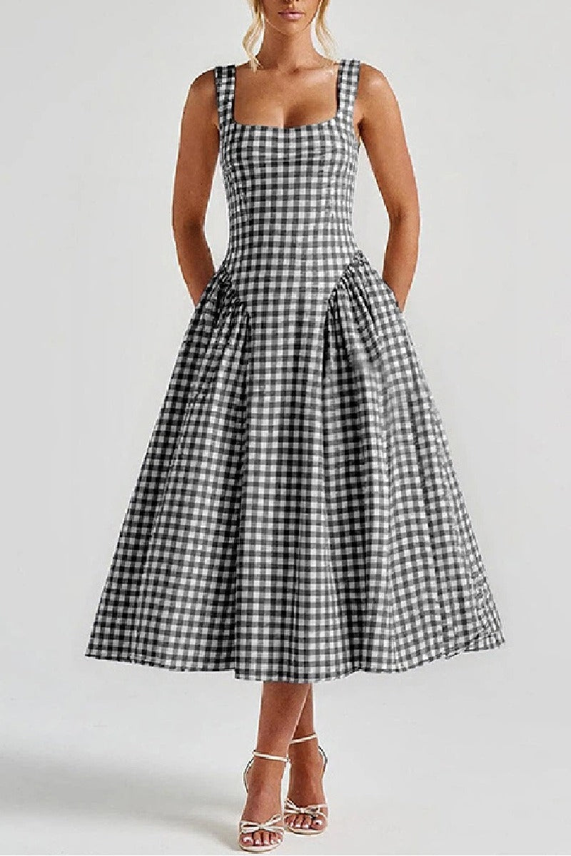 A-Line Tea Length Printed Cotton Wedding Guest Dress 1040459988093