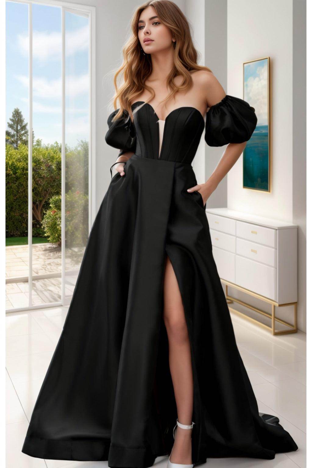 A-Line Sweep-Brush Train Satin Prom Dress CS0448