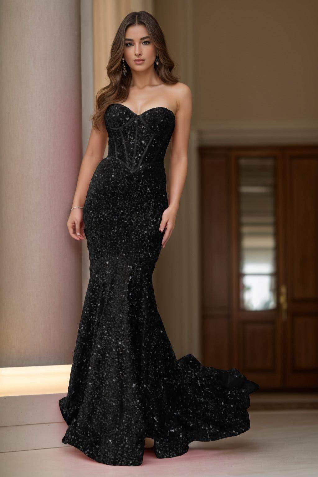 Trumpet-Mermaid Sweep-Brush Train Sequined Prom Dress CS0413