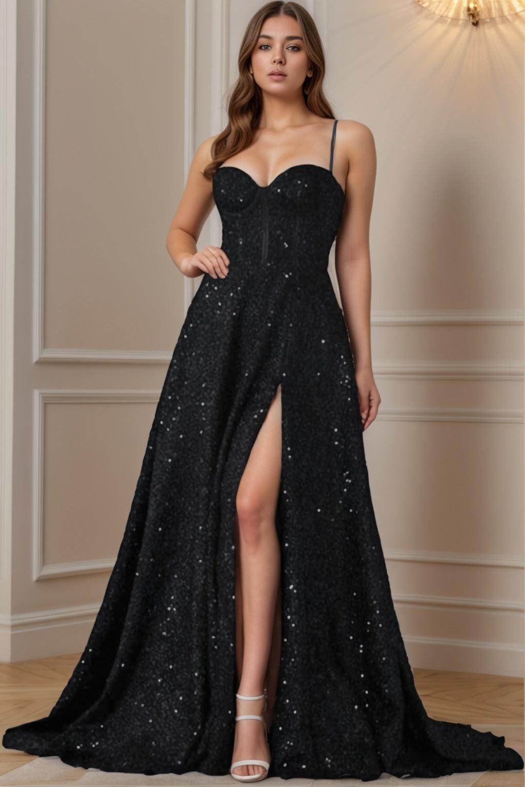A-Line Sweep-Brush Train Sequined Prom Dress CS0404