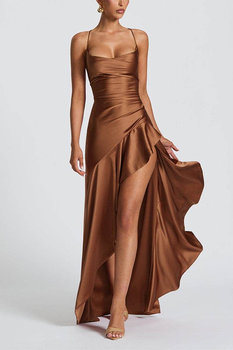 Asymmetrical High-Low Stretch Satin Dress 954200659160