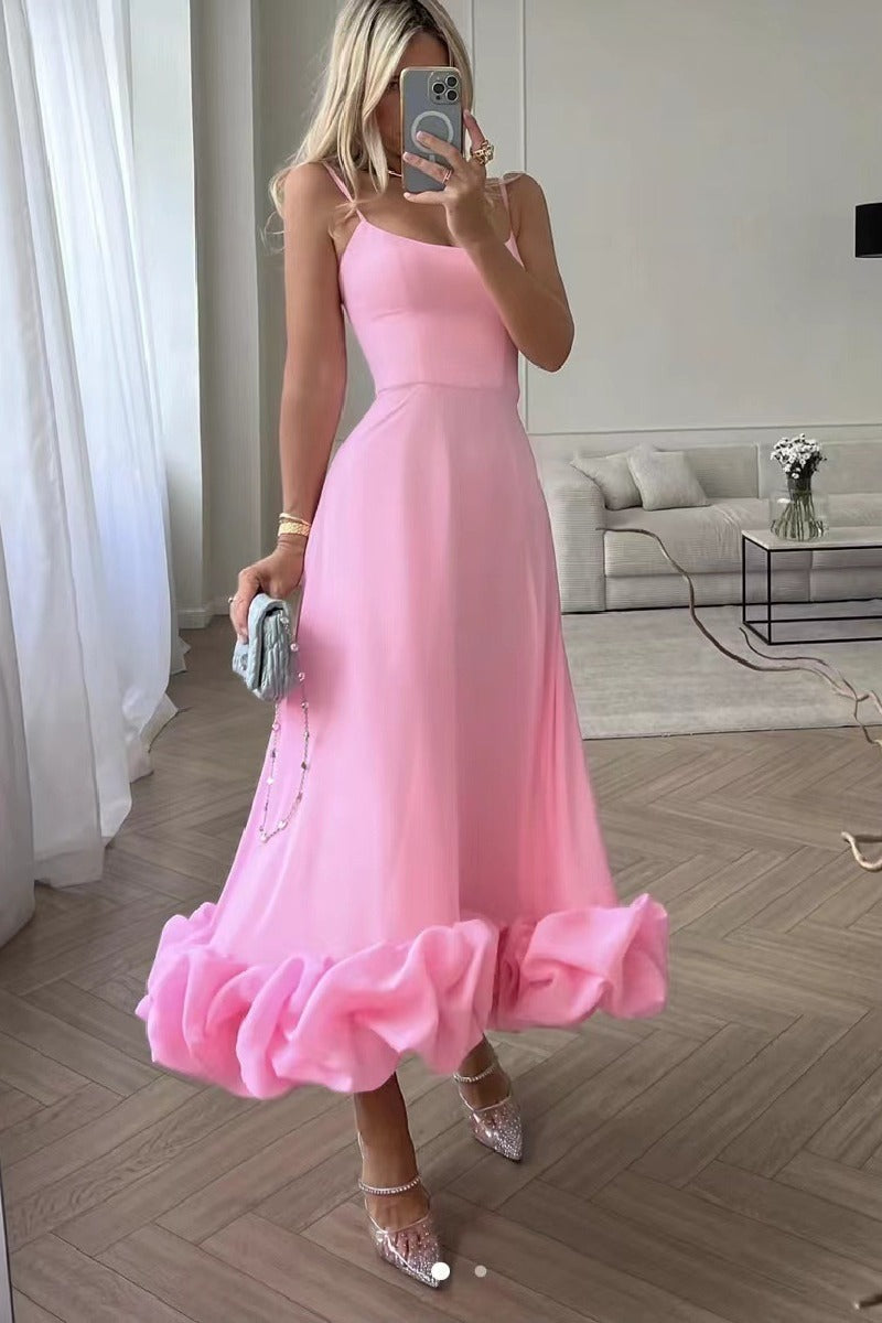 A-Line Tea Length Chiffon Wedding Guest Dress 714081841047