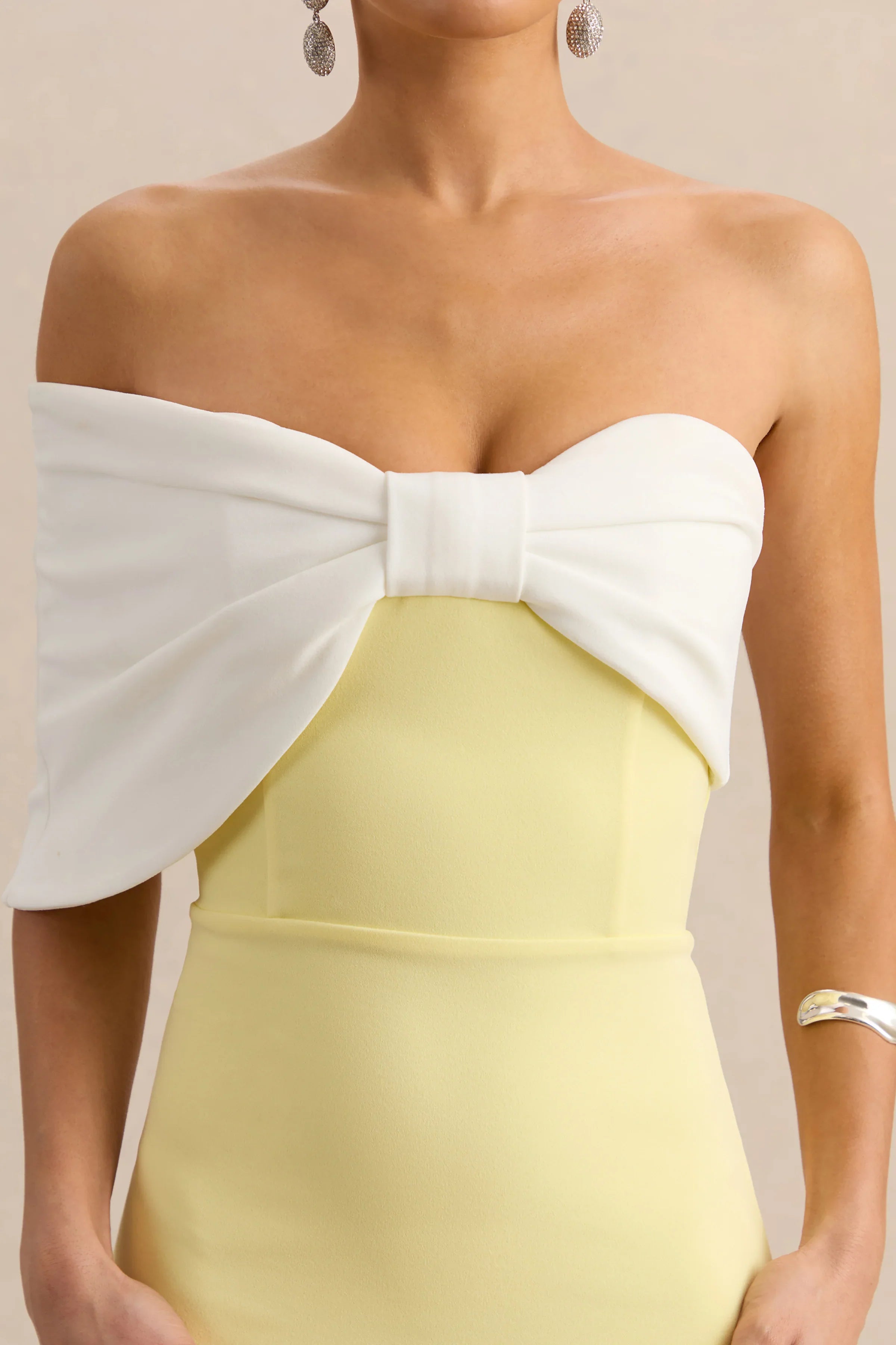 Agatha | Lemon & White Bow Bardot-Neck Maxi Dress