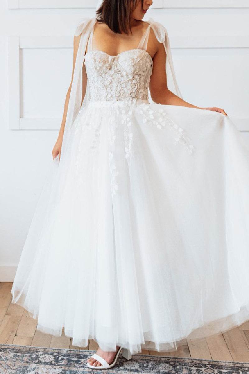 A-Line  Ankle Length  Lace Tulle  Little White Dress 100007
