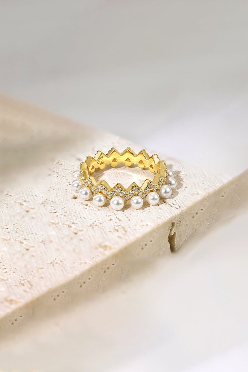 925 Sterling Silver Full Pearl 5A Cubic Zirconia Crown Shaped Ring
