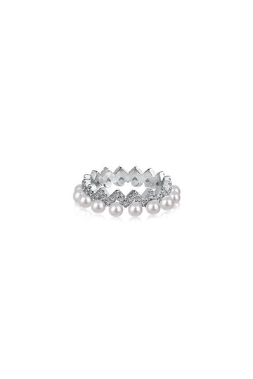 925 Sterling Silver Full Pearl 5A Cubic Zirconia Crown Shaped Ring