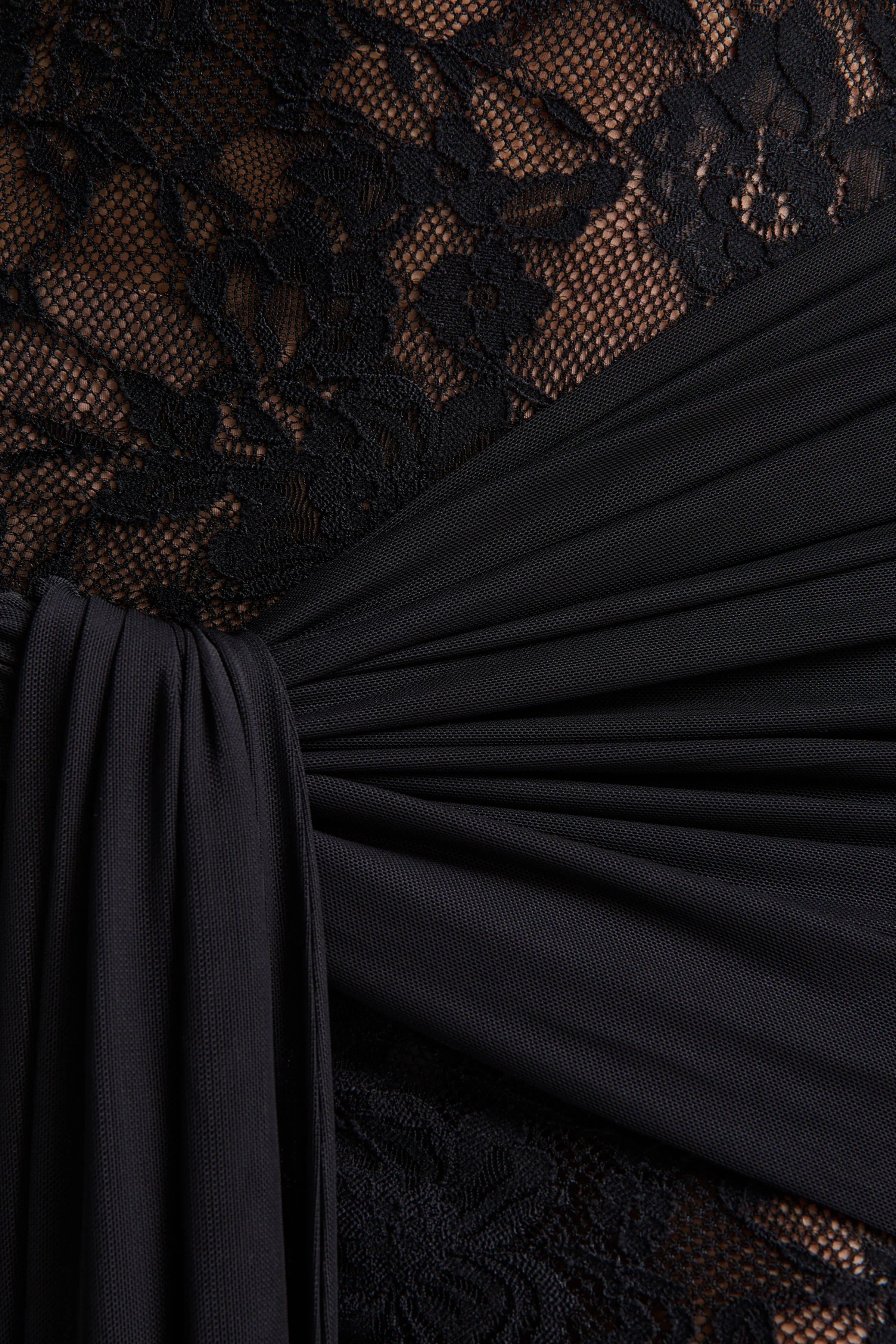 Akira | Black Sheer Lace Maxi Dress With Sash-Detail