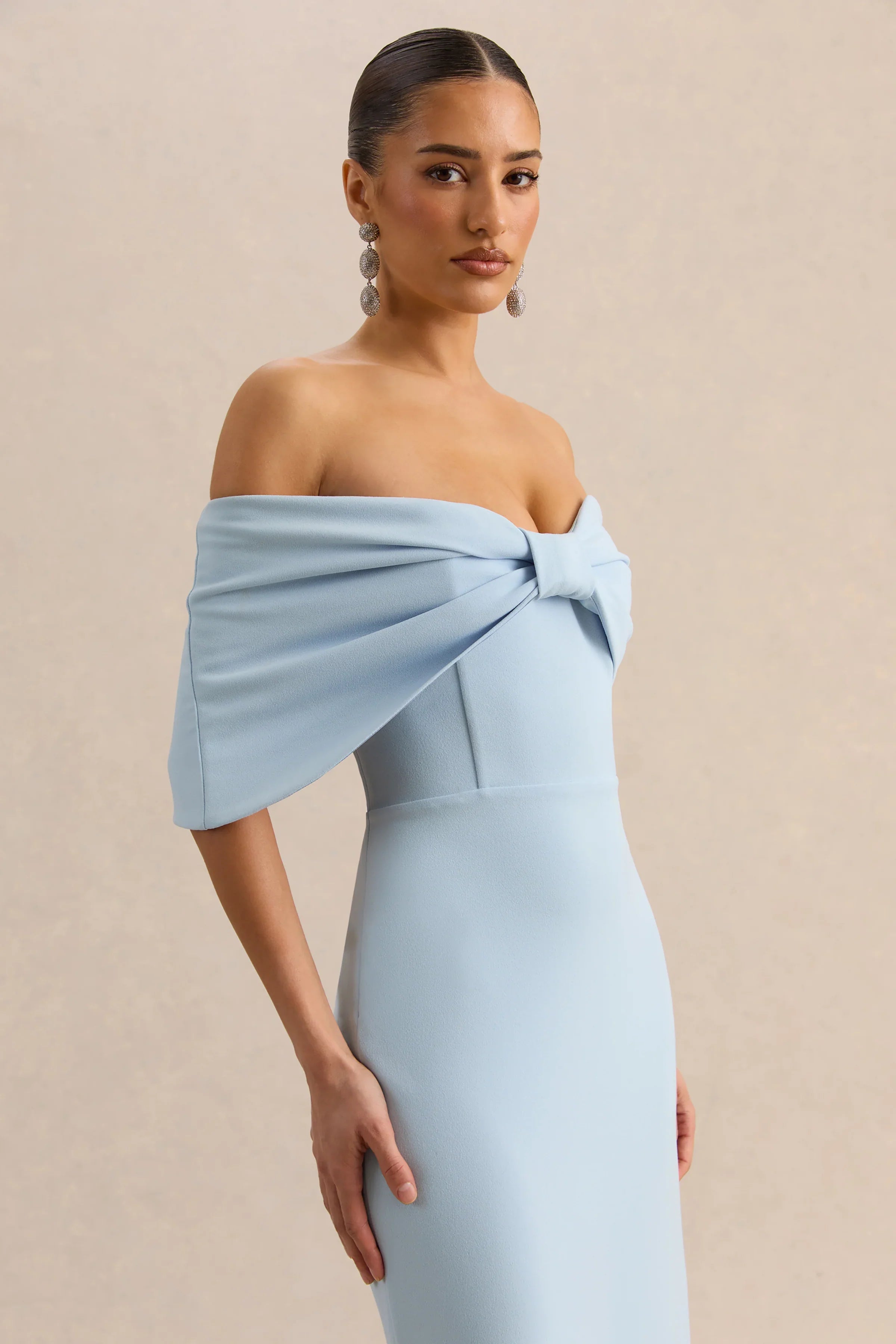 Agatha | Powder Blue Bow Bardot-Neck Maxi Dress