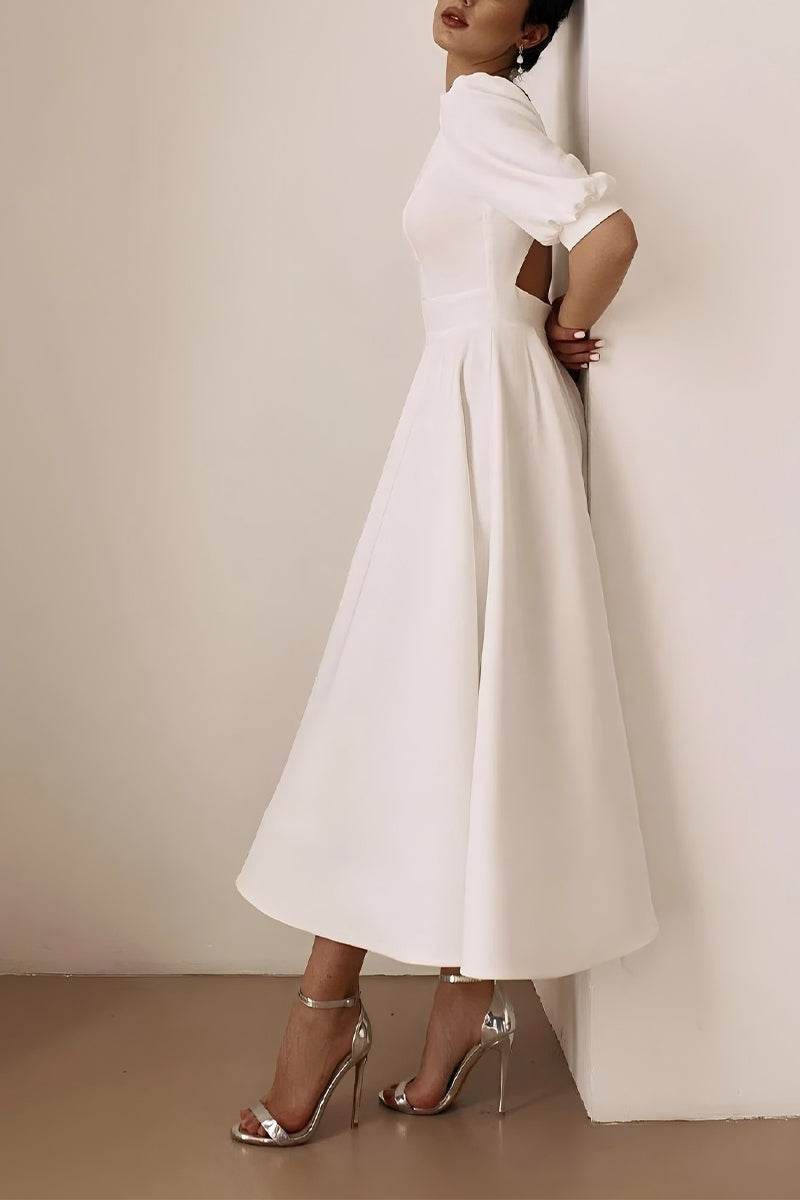 A-Line Tea Length Elastic Cloth Little White Dress 100012