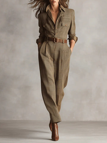 Alessia - Brown Tweed Utility Jumpsuit with Refined Pattern