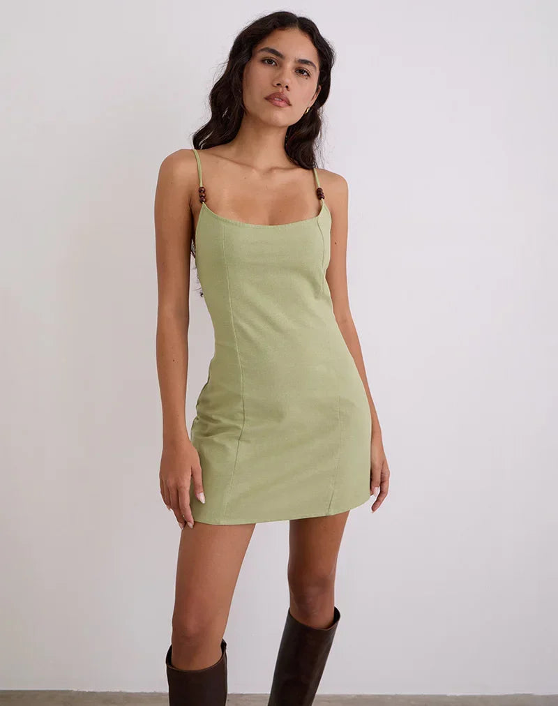 Ambra Scoop Mini Dress in Linen Sage Green