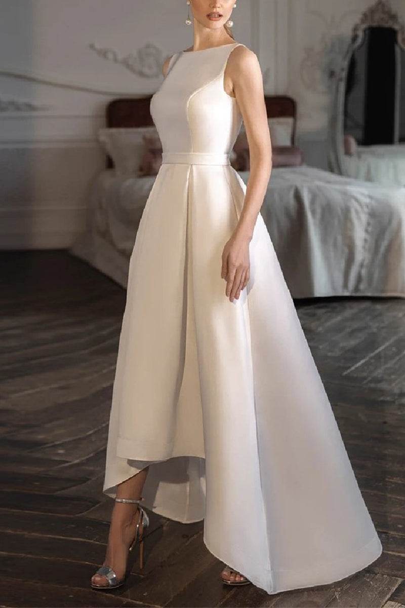 A-Line High-Low Satin Little White Dress 100047