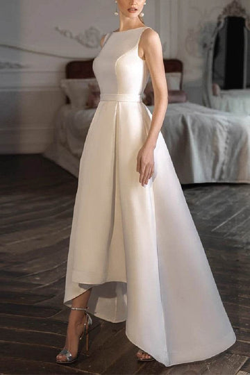 A-Line High-Low Satin Little White Dress 100047