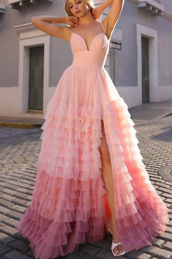 A Line Spaghetti Straps Lilac Tulle Prom Dresses with Slit