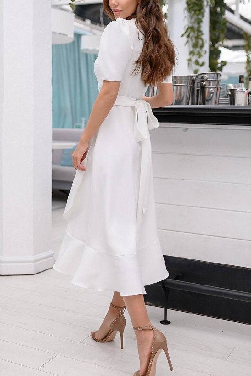 A-Line Tea Length Chiffon Little White Dress 100003