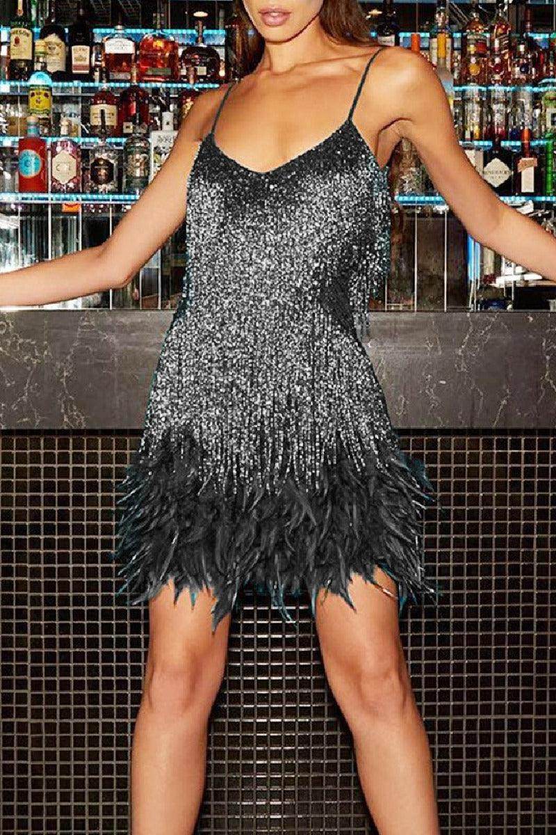 Fringed sequin sexy V-neck cocktail dress 715257715853