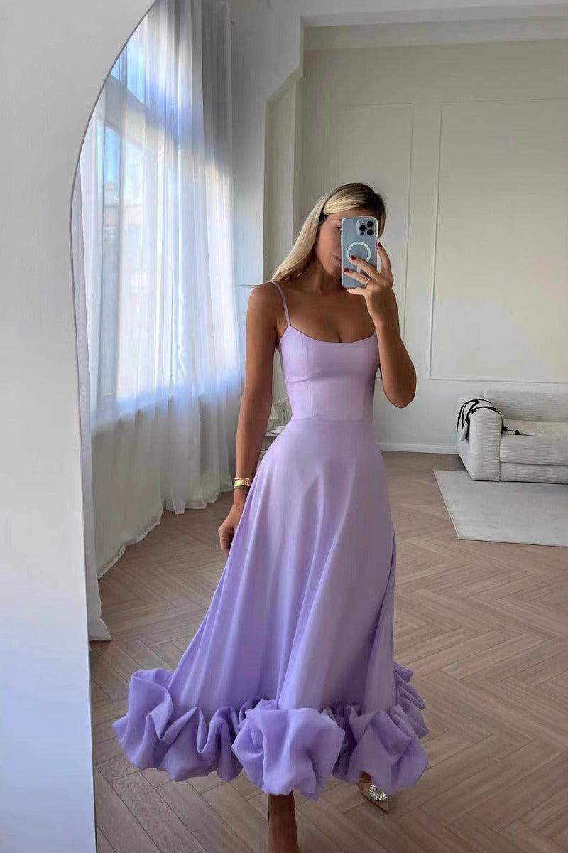 A-Line Tea Length Chiffon Wedding Guest Dress 714081841047