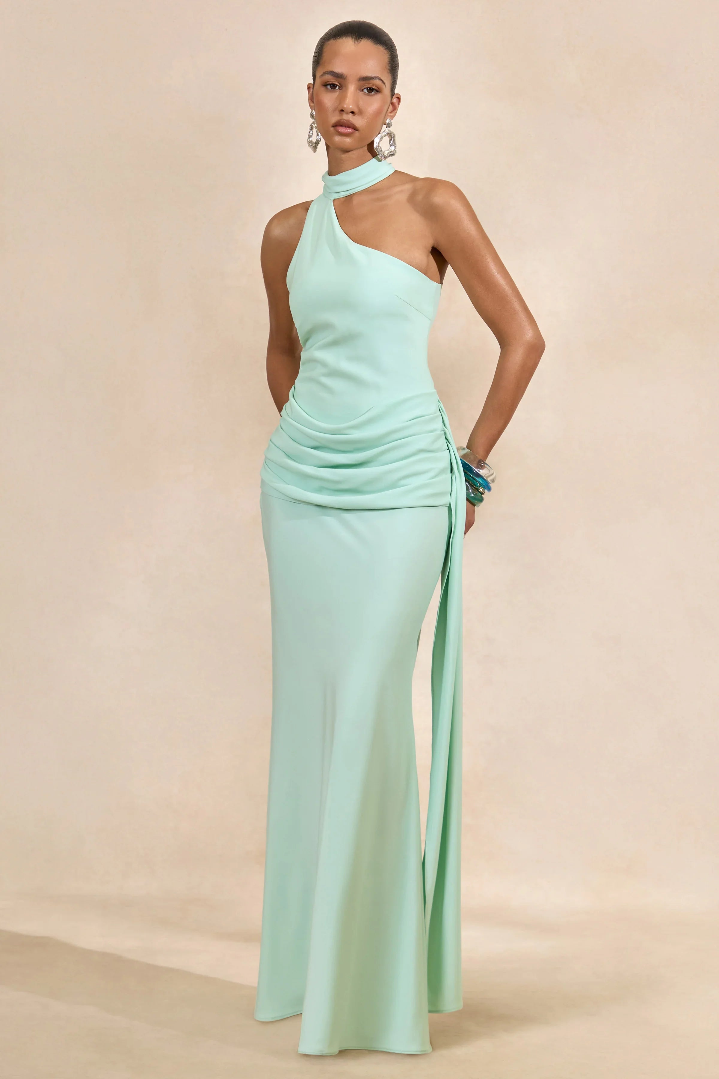 Aevina | Mint Satin Asymmetric-Neck Maxi Dress With Scarf-Detail