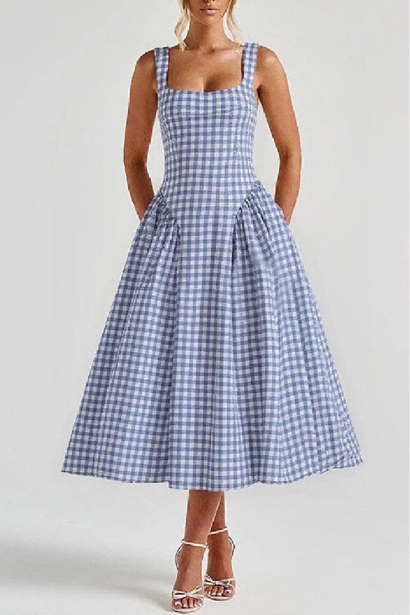 A-Line Tea Length Printed Cotton Wedding Guest Dress 1040459988093