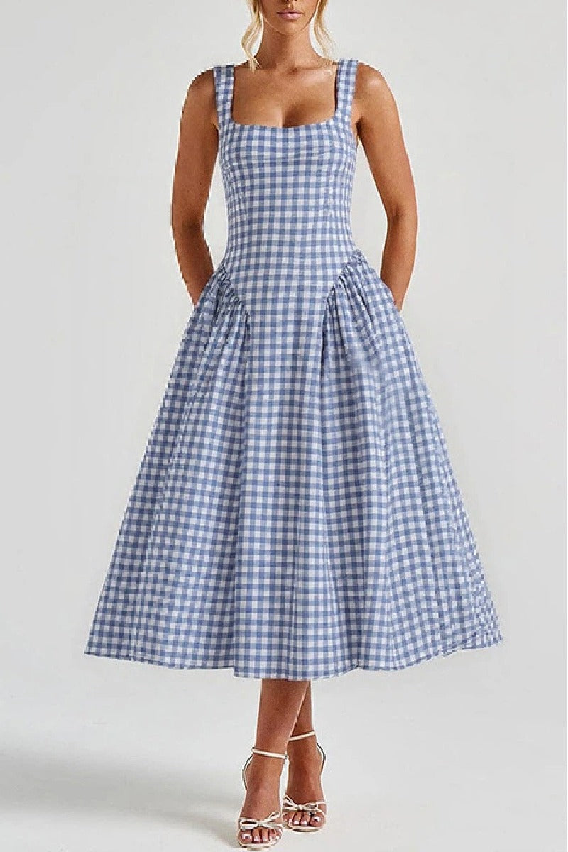 A-Line Tea Length Printed Cotton Wedding Guest Dress 1040459988093
