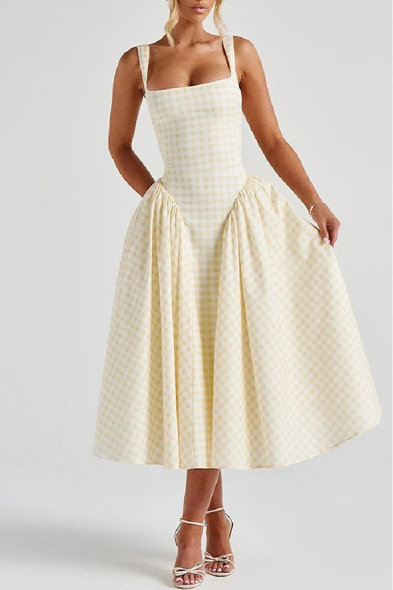A-Line Tea Length Printed Cotton Wedding Guest Dress 1040459988093