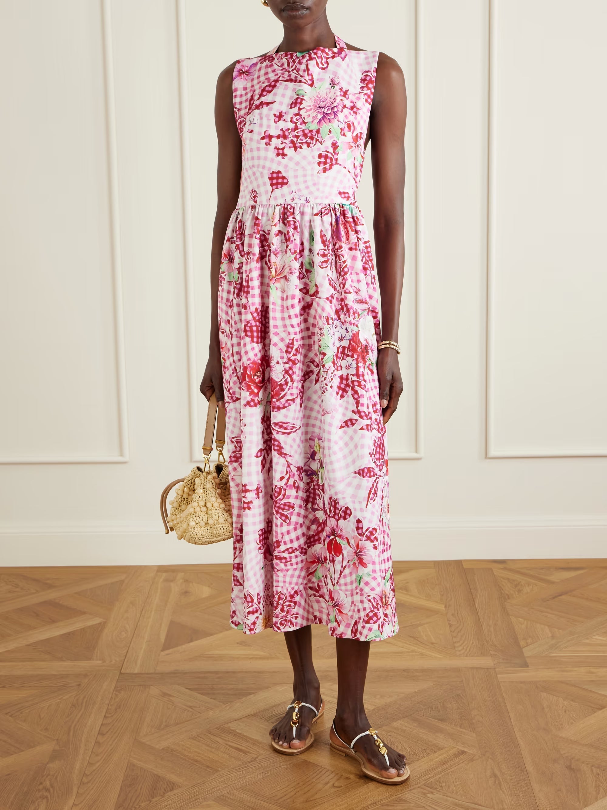 Alma checked floral-print midi dress
