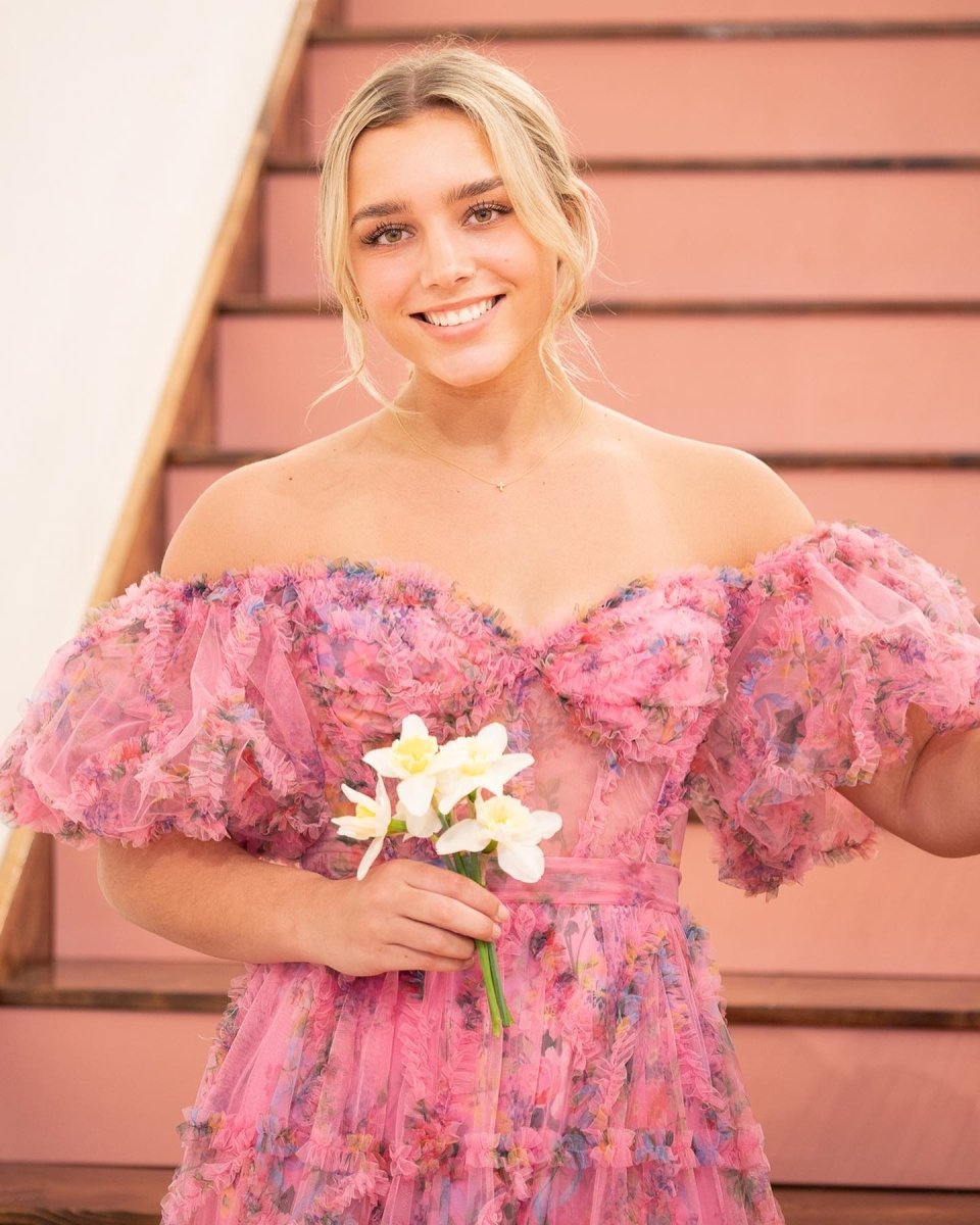A Line Off The Shoulder Floral Tulle Prom Dress