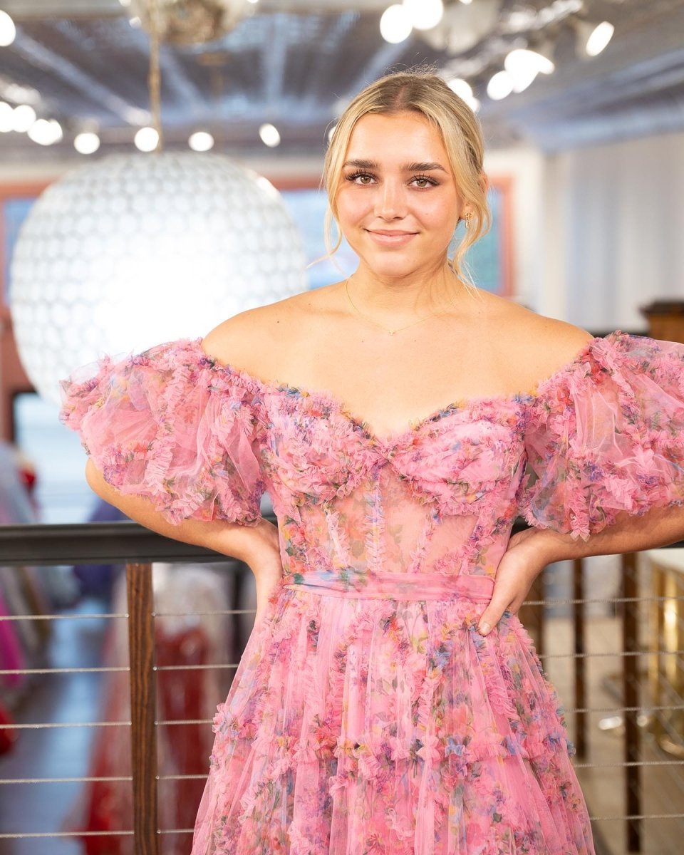A Line Off The Shoulder Floral Tulle Prom Dress