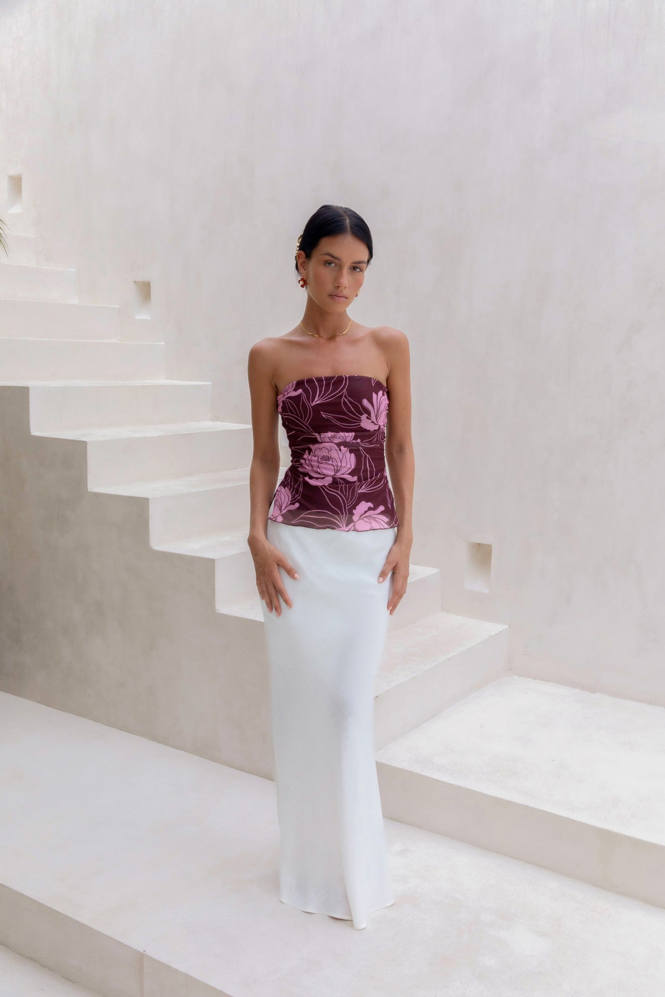 Sunset Blooms Strapless Top Plum