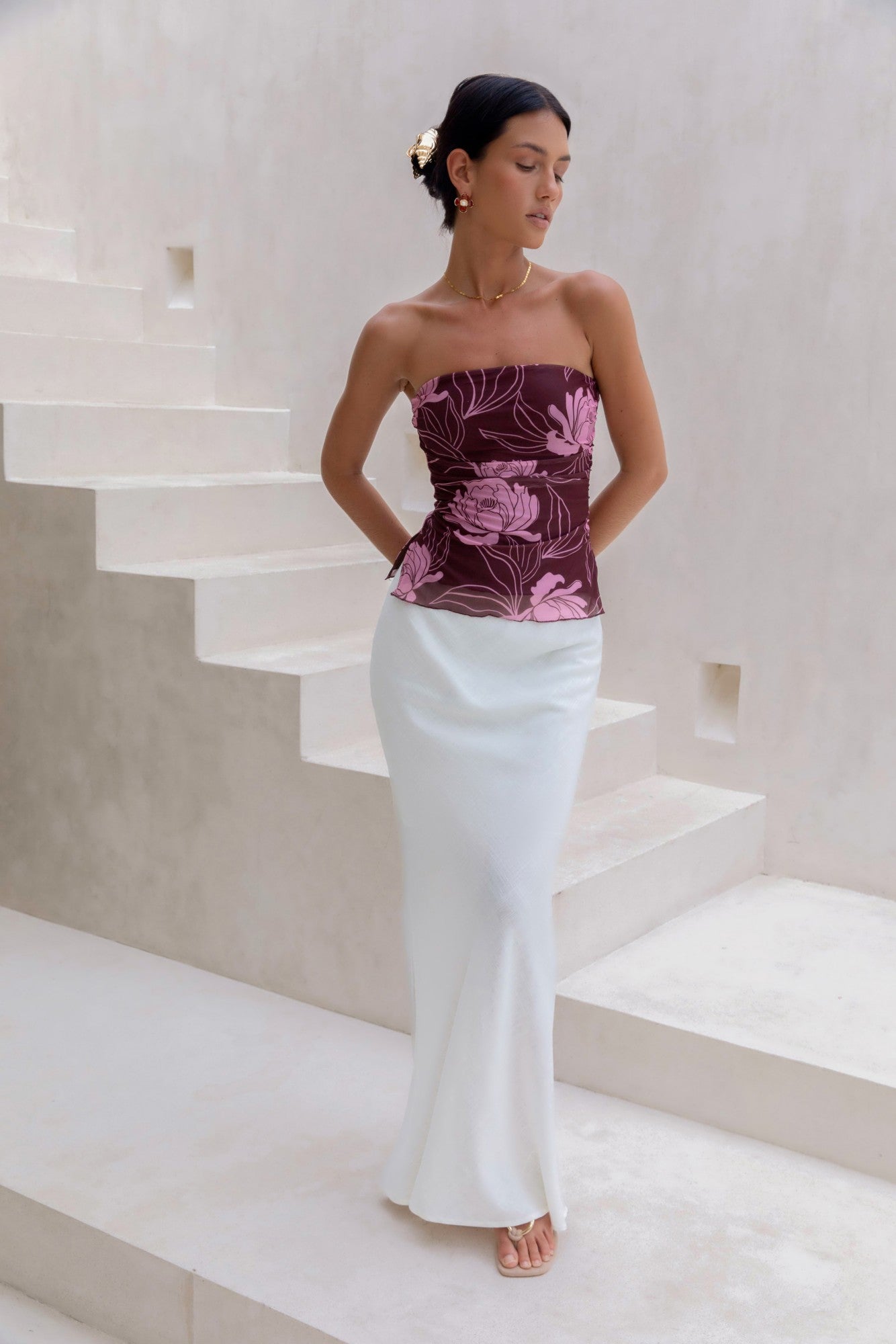 Sunset Blooms Strapless Top Plum