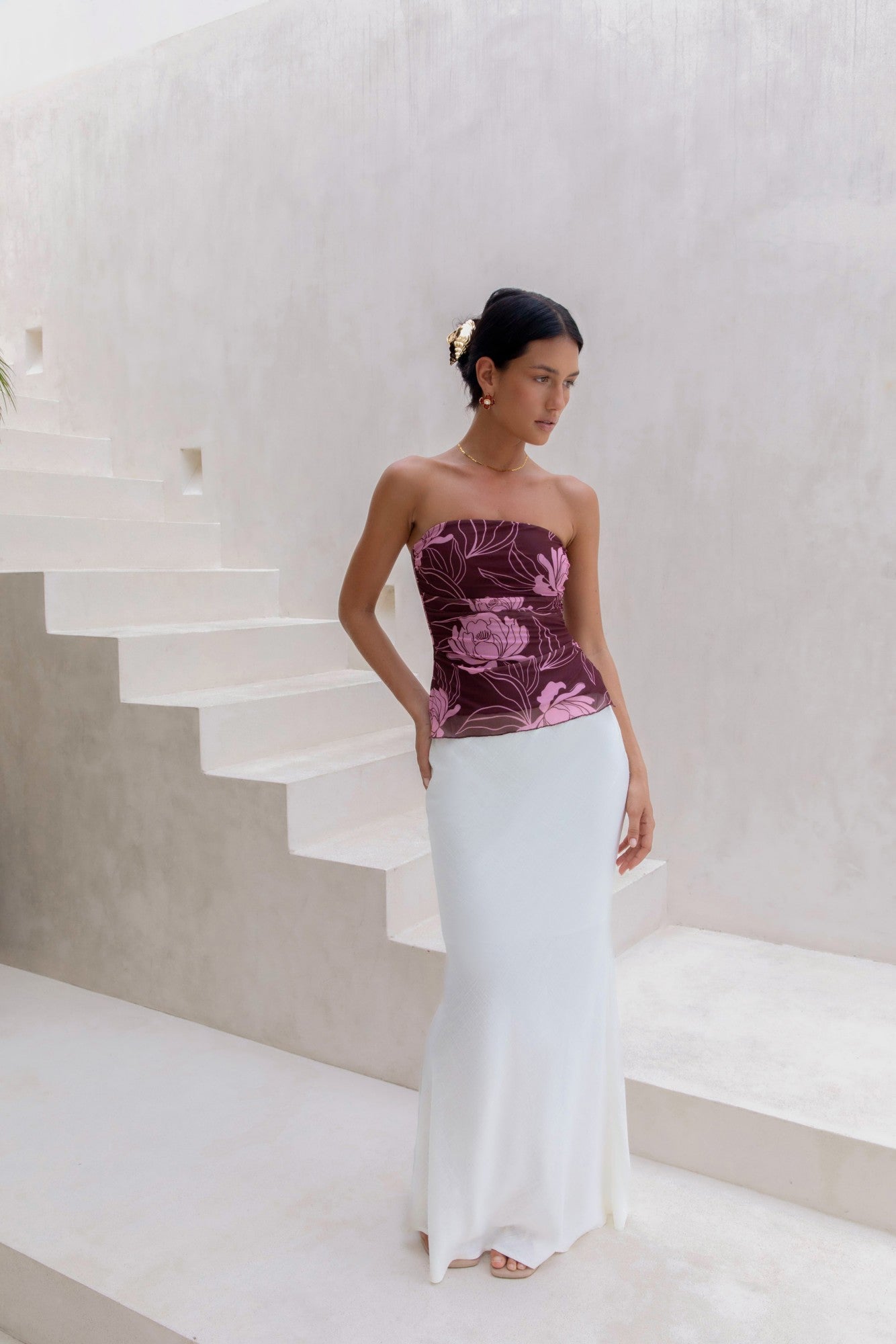 Sunset Blooms Strapless Top Plum