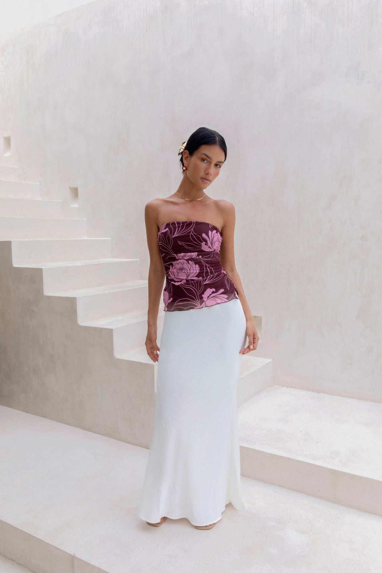 Sunset Blooms Strapless Top Plum