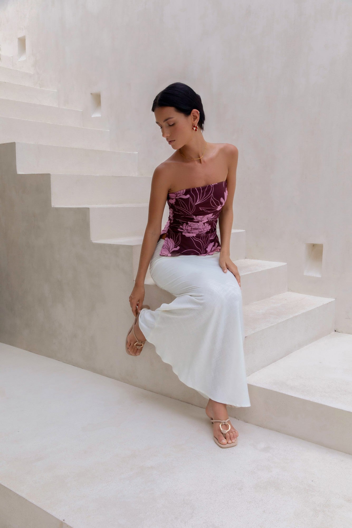 Sunset Blooms Strapless Top Plum