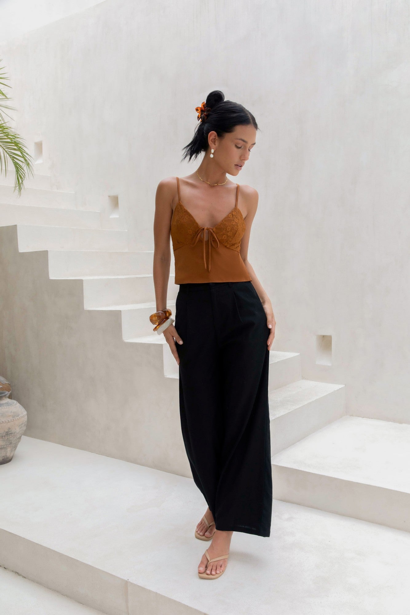 Flowing Leaves Lace Satin Top Chocolate