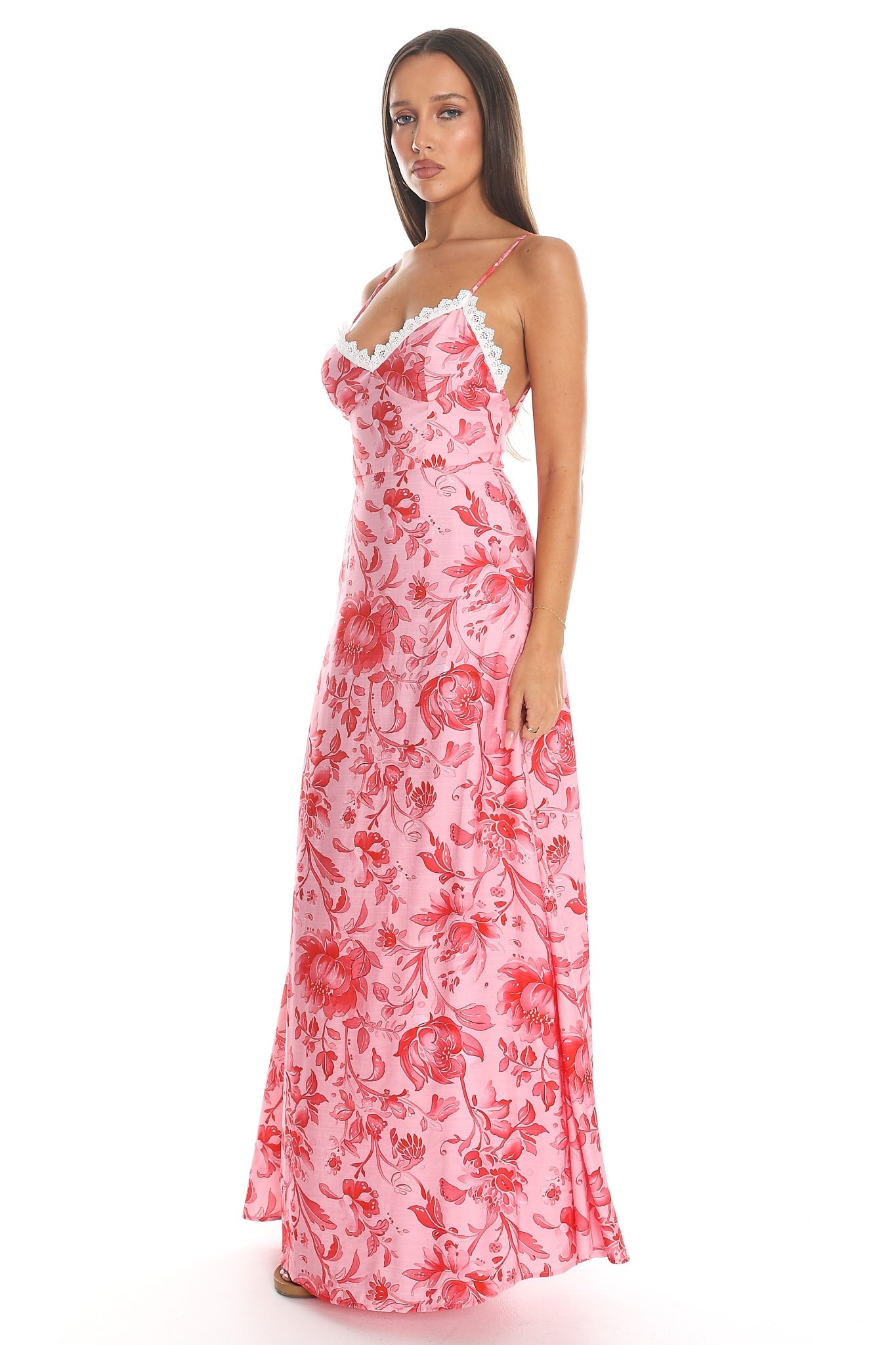 Sonomis Floral Lace-Trim Maxi Dress Pink
