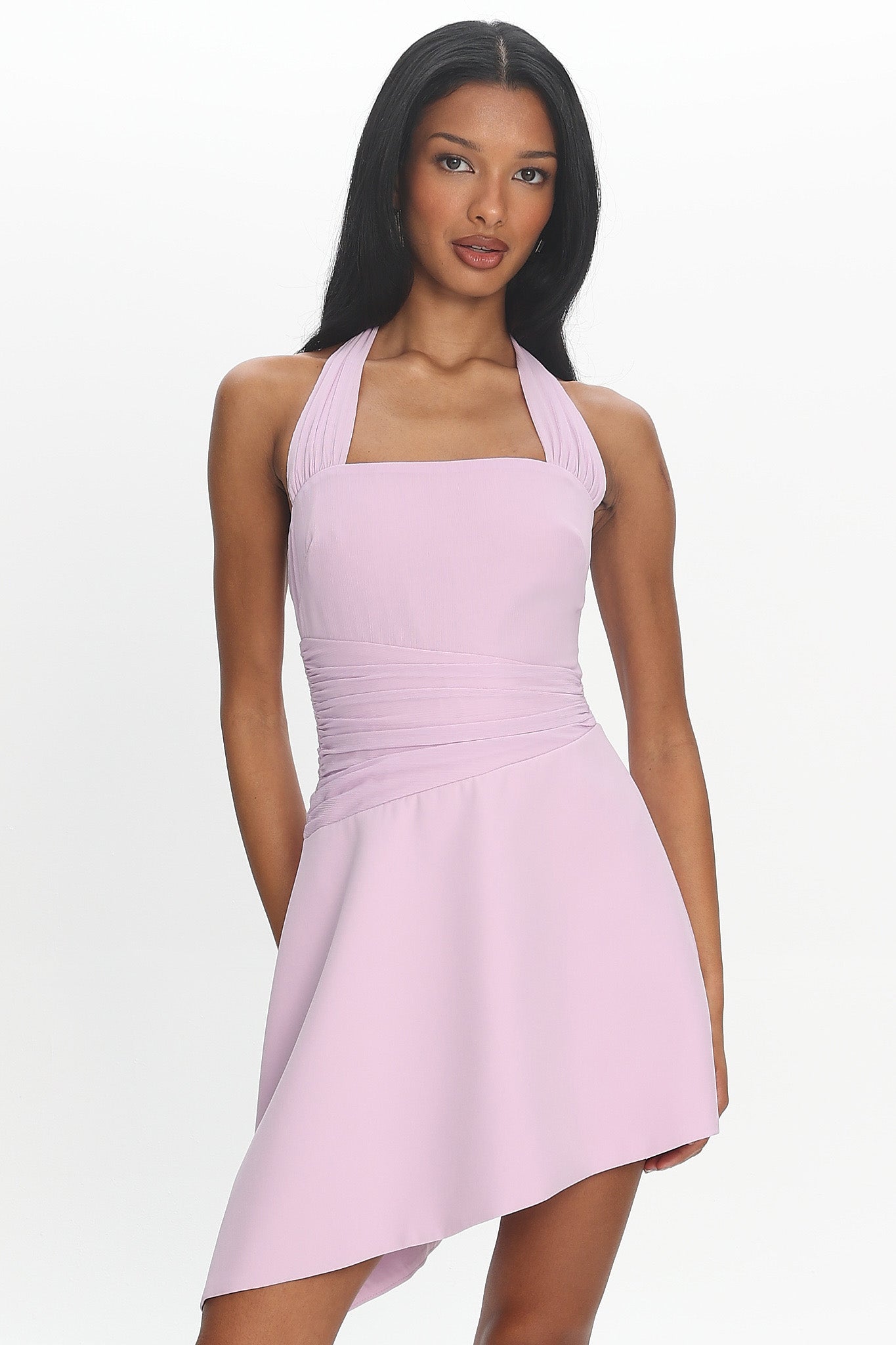 Painted Kisses Asymmetric Halter Mini Dress Lilac