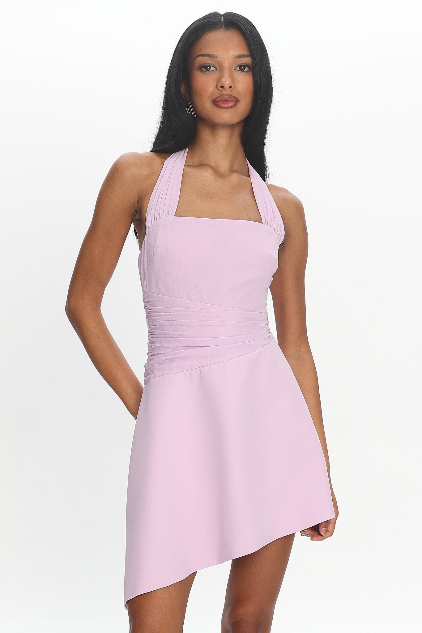 Painted Kisses Asymmetric Halter Mini Dress Lilac