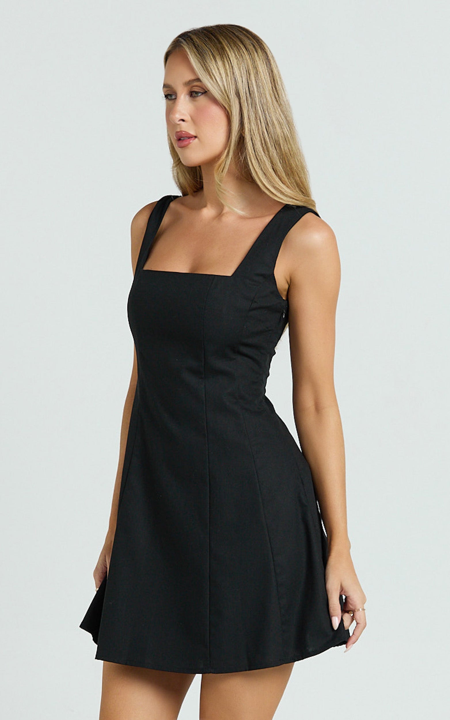 Adiana Mini Dress - Linen Square Neck Shirred Back A Line Dress in Black