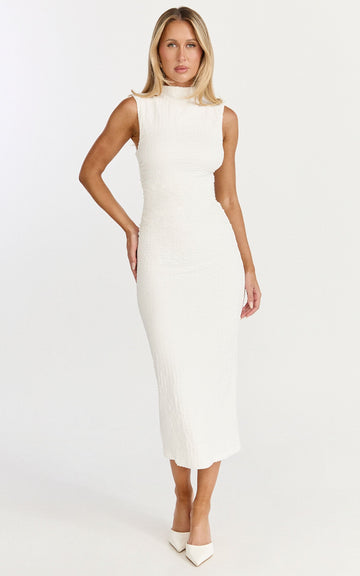 Aleks Midi Dress - High Neck Bodycon Dress in Off White